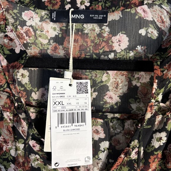 Mango Floral Print Sheer Blouse US 12 Black Multicolor Long Sleeve Lightweight - Picture 4 of 12